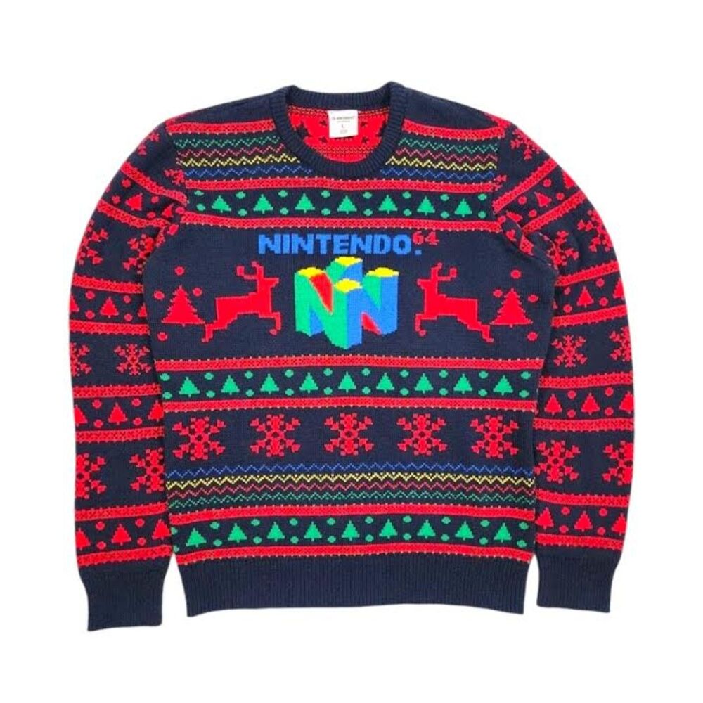Nintendo Navy Crewneck Ugly Sweater with Red and Green Holiday Motifs Size L